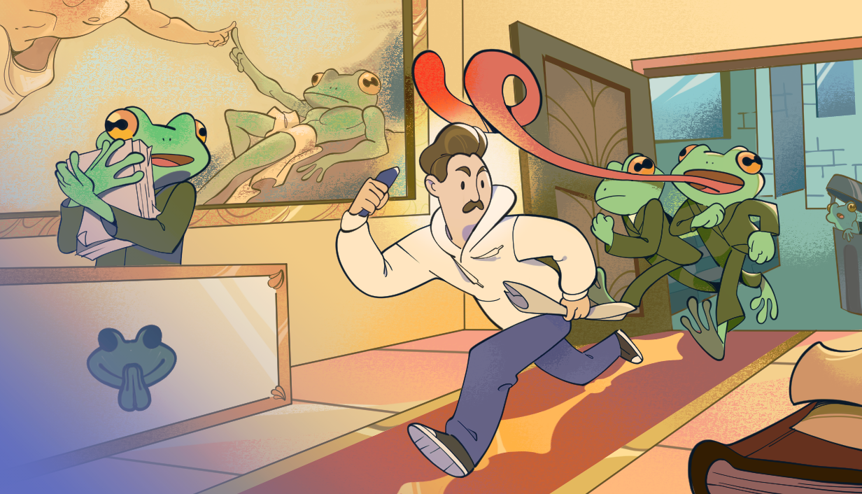A man flees through a church as uniformed frogs chase him.